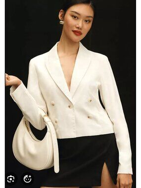 NWT Anthropologie Double-Breasted Cropped White Blazer Jacket Lyocell XS